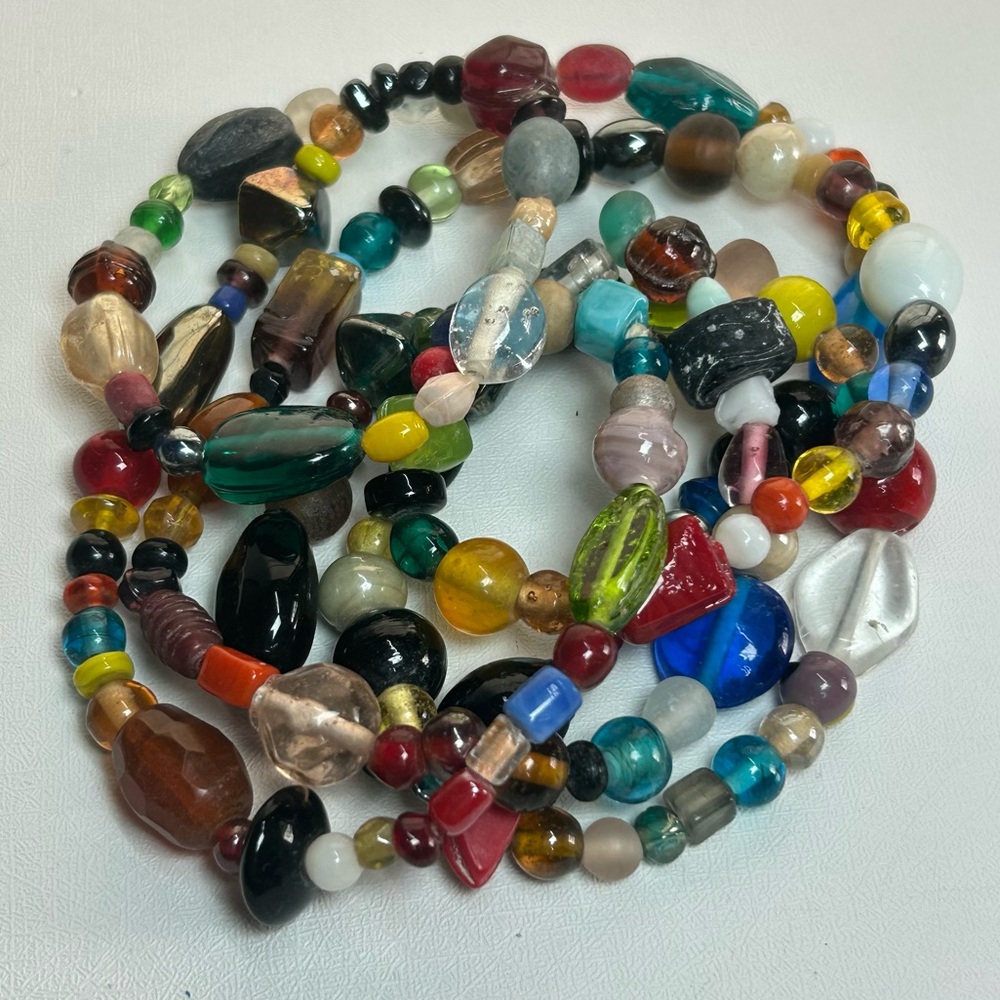 Vntage Glass Beads Colorful Mixed Shapes 50” Long Nexklace Wrap Bracelet